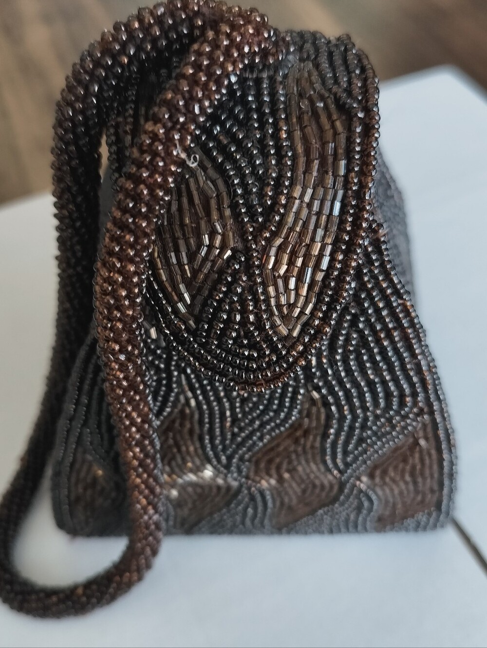 Sasha Hand Made Beaded Evening Bag Brown Bronze Wave Pattern Flapper Purse